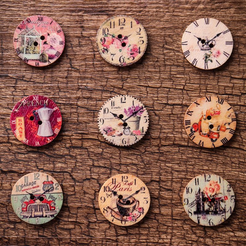 50 Stk 25 mm/0.98 Tommer Rund Retro Klokke Syknapper I Tre Vaskbar Hurtighet Diy Håndverksmateriale