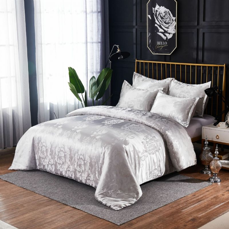 Luksus Silkelignende Dynesett Queen Satin Jacquard Paisley Brushed Heart Quiltede Sengesett Med Putevar