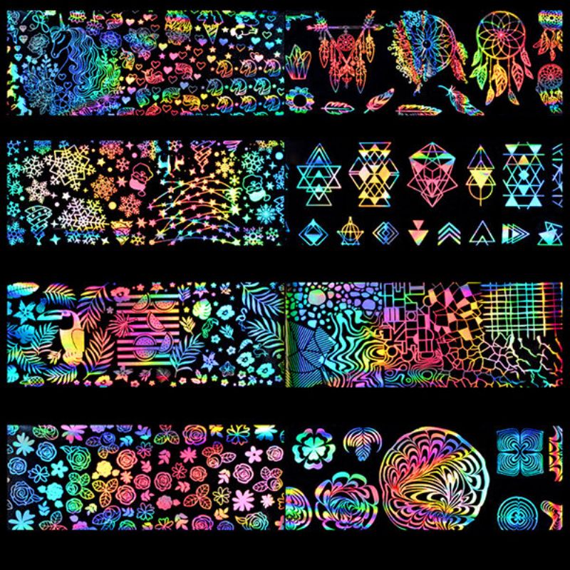 Holografisk Laser Nail Foil Xmas Geometrisk Rose Flower Sliver Star Nails Art Transfer Sticker
