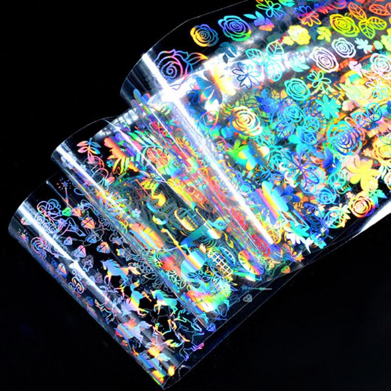 Holografisk Laser Nail Foil Xmas Geometrisk Rose Flower Sliver Star Nails Art Transfer Sticker