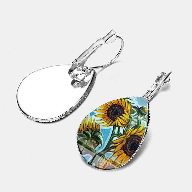 Bohemian Sun Flower Print Øredobber Vanndråpe Shape Solsikke Gem Mount Ørekrok Kvinner Smykker Gaver