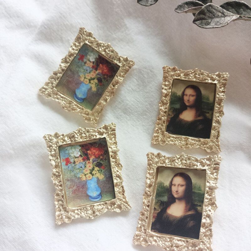 Vintage Berømte Malerier Metall Store Øredobber Fotoramme Form Øre Stud Kvinner Smykker