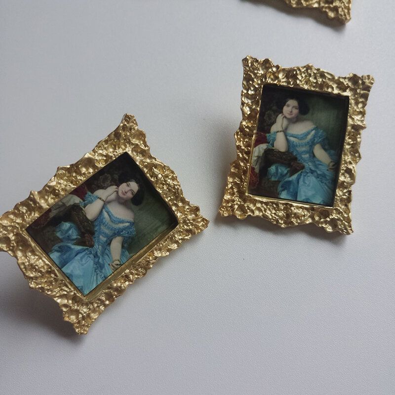 Vintage Berømte Malerier Metall Store Øredobber Fotoramme Form Øre Stud Kvinner Smykker