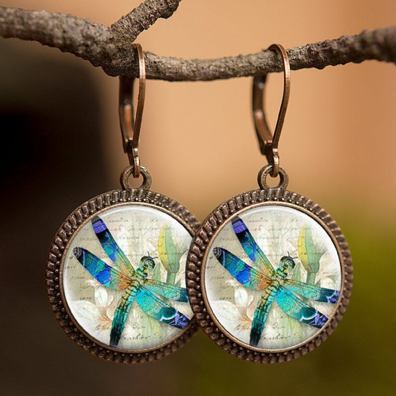 Vintage Glass Gemstone Dingle Øredobber Dragonfly Sommerfugl Mønster Kvinner Anheng Smykker