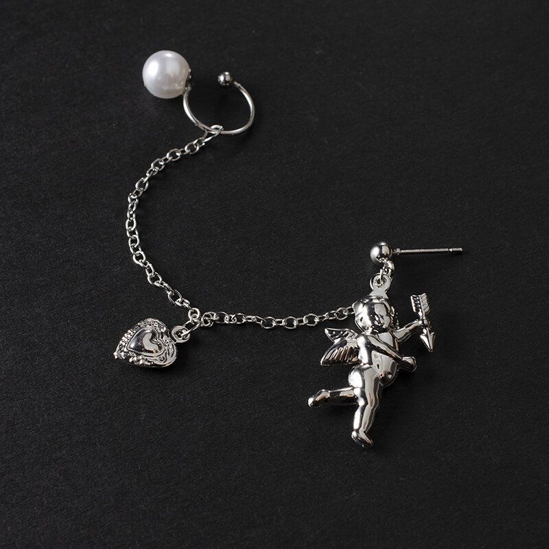 Vintage Little Angel Cupid Anheng Øredobber Fersken Hjerte Hengende Kjede Ørebein Klips