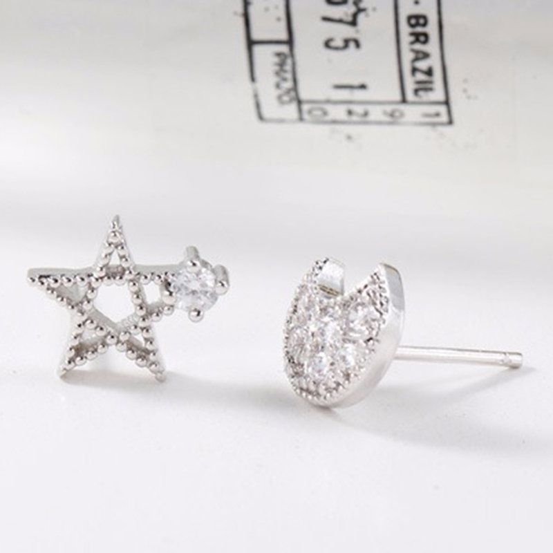 Søte Øredobber S925 Sterling Sølv Moon Star Zirkon Elegante Smykker For Kvinner