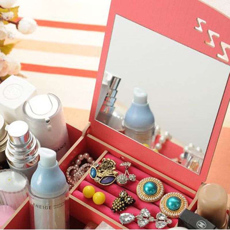 Creative Diy Tre Kosmetiske Oppbevaringsboks Desktop Oppbevaringsbeholder Med Speil