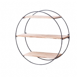 Retro Round Wood Iron Craft Vegghylle Rack Oppbevaring Industriell Stil