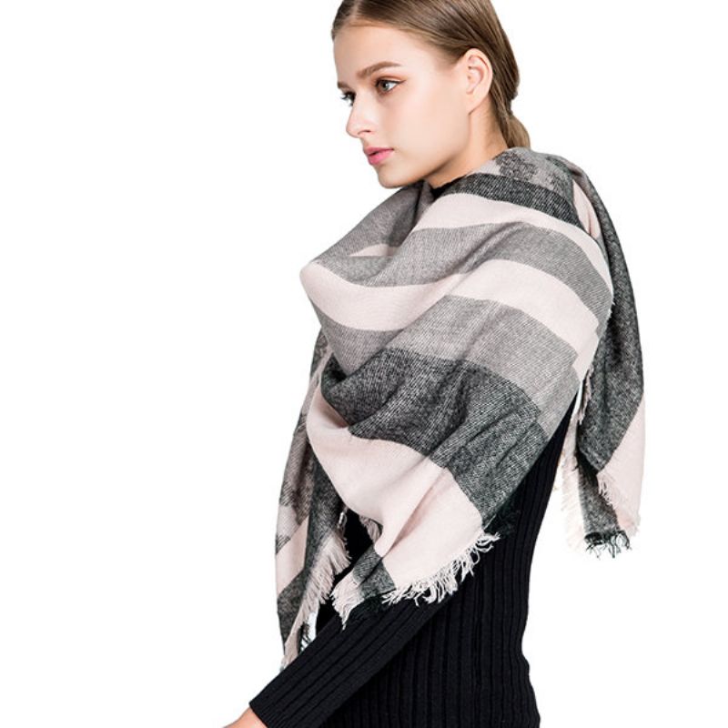 Kvinner Langt Vinter Varmt Bomullskjerf Dusk Myk Mote Stripe Sjal Teppe Skjerf