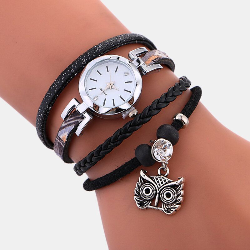 Bohemian Cute Owl Leather Armbåndsklokke Etnisk Metall Rhinestone Flerlags Armbåndsur