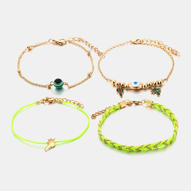 Bohemian Metal Cactus Coconut Tree Pendant Anklet Håndvevd Fluorescerende Grønn Flerlags