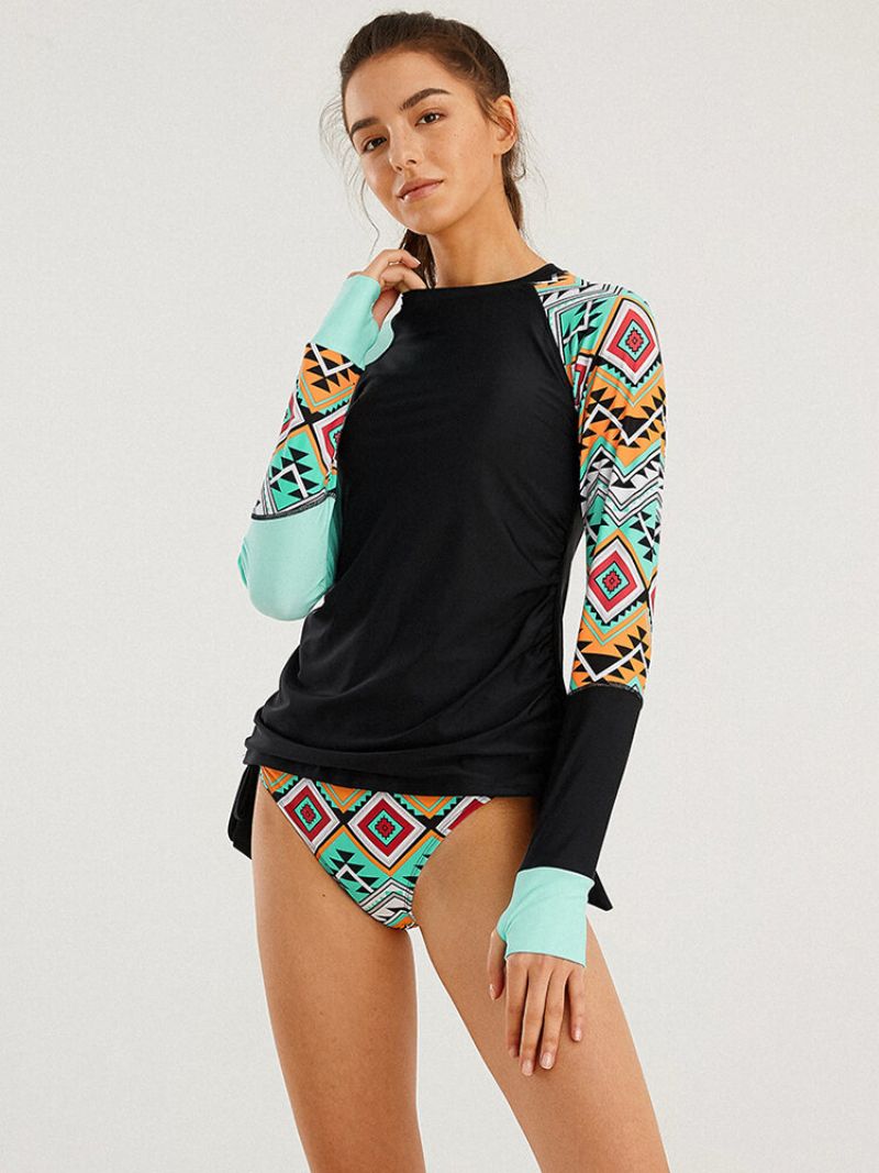 Dame Sport Badedrakt Vintage Print Solkrem Langermet Surfing String Truse Cover Belly Tankini