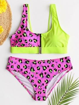 Damevest Bikini Leopard Patchwork Frontspenne Glidelås Sexy Badetøy