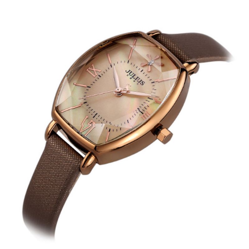 Delikat Vintage Stilig Bøtte Modell Lady Quartz Armbåndsur Lærreim Stereo Cutting Glass Mirror