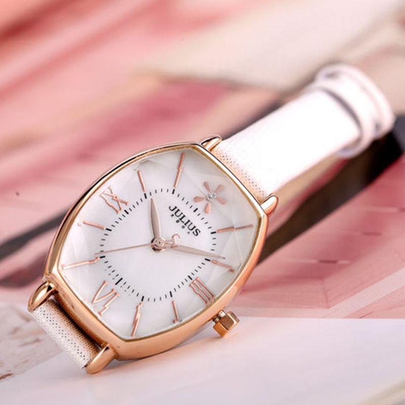 Delikat Vintage Stilig Bøtte Modell Lady Quartz Armbåndsur Lærreim Stereo Cutting Glass Mirror