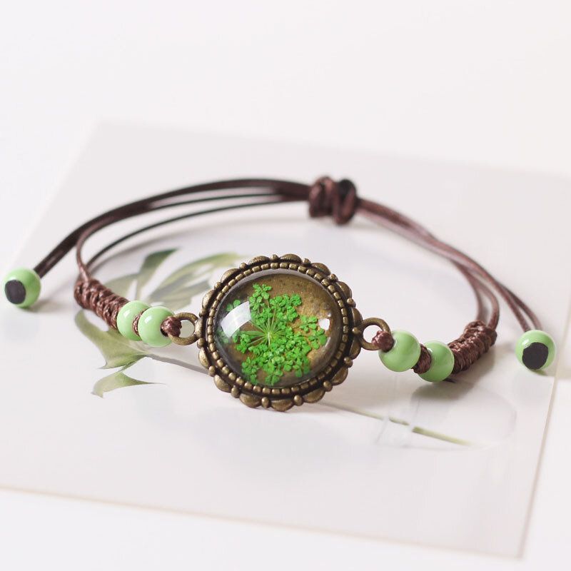 Etniske Tørkede Blomster Gypsophila Håndvevd Armbånd Geometriske Keramiske Perler Anheng