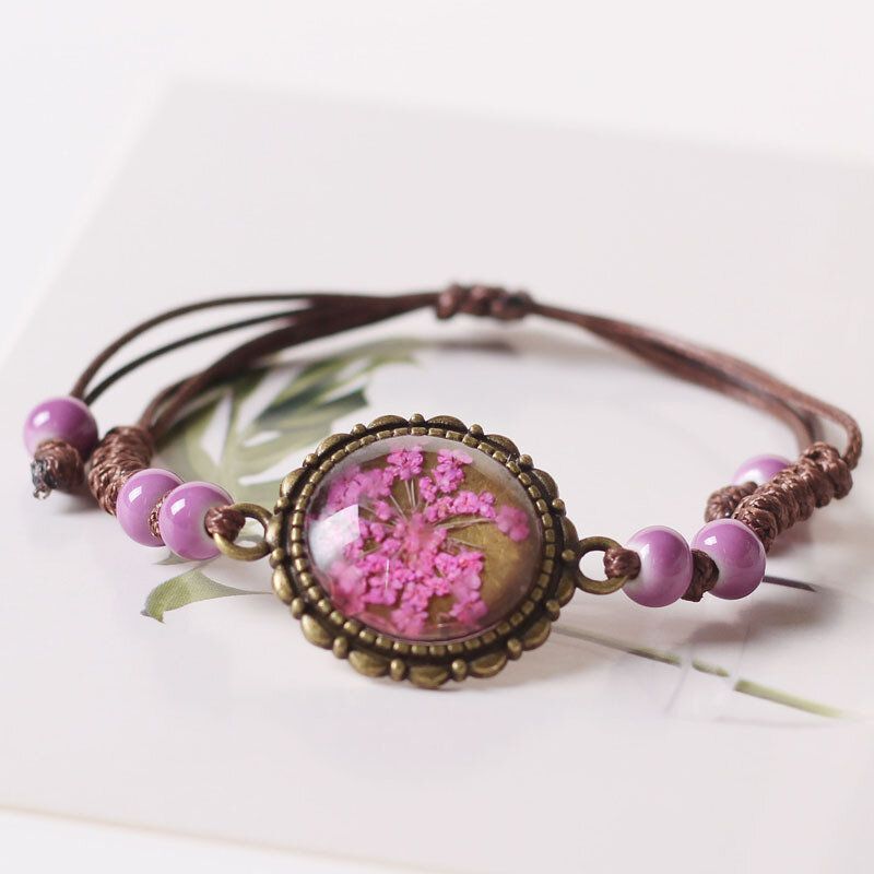 Etniske Tørkede Blomster Gypsophila Håndvevd Armbånd Geometriske Keramiske Perler Anheng