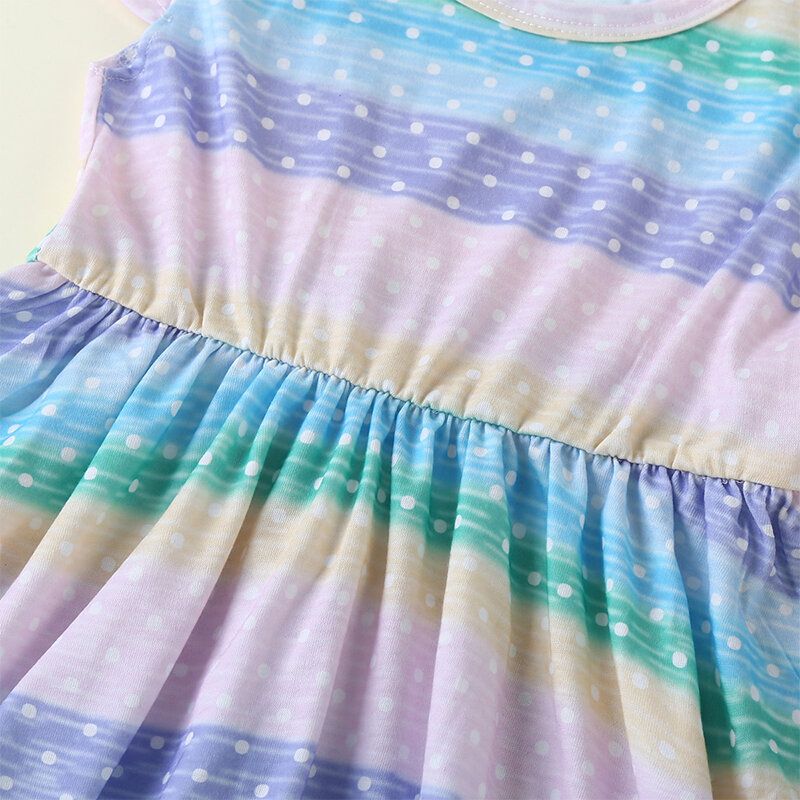 Jente's Flying Sleeves Rainbow Striped Print Casual Dress For 2-8y
