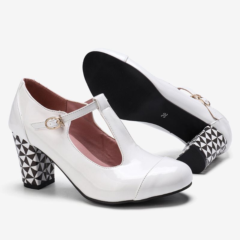 Kvinner Ensfarget T-stropp Geometrisk Grafisk Chunky Heel Pumps