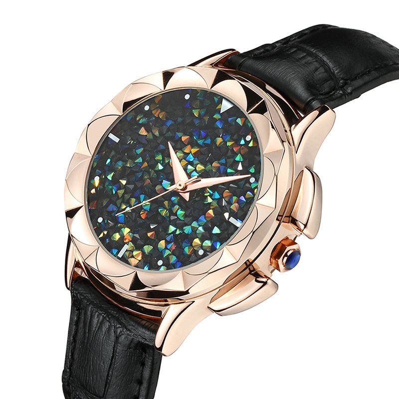 Luksus Dameklokker Flower Case Kaleidoscope Shining Dial Ekte Skinn Lady Quartz Klokker