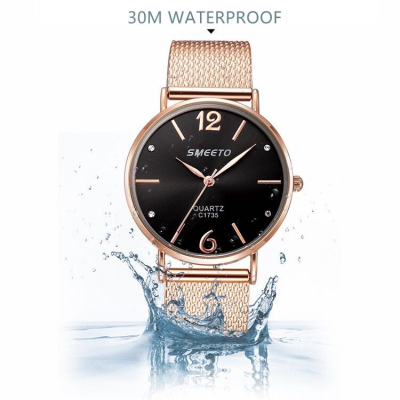 Luksus Kvinner Kvarts Minimalistiske Klokker Mesh Band Laser Dial Big Number Rhinstone Vanntette