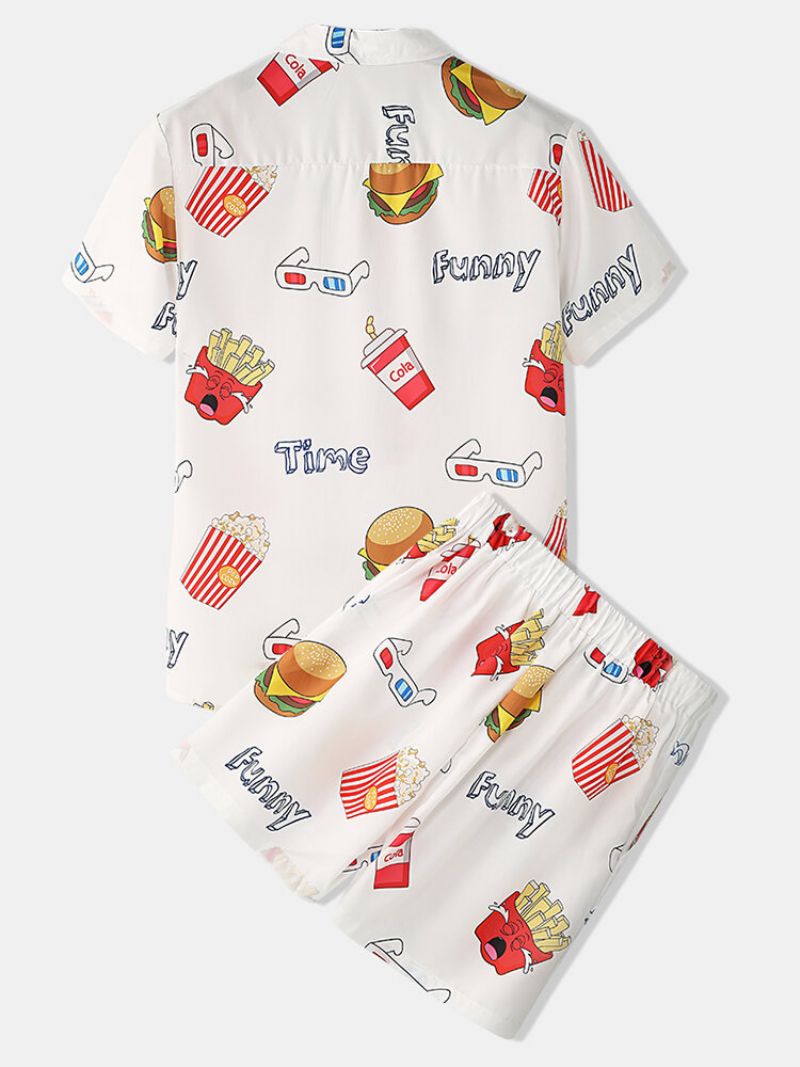 Menn Funny Print Hamburger Loungewear-sett To Deler Lapel Collar Kortermet Tynn Sommerpyjamas