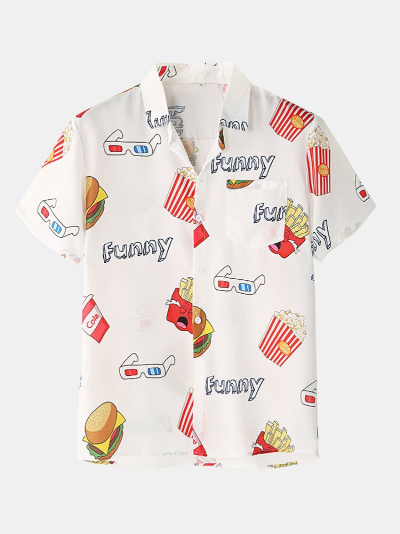 Menn Funny Print Hamburger Loungewear-sett To Deler Lapel Collar Kortermet Tynn Sommerpyjamas