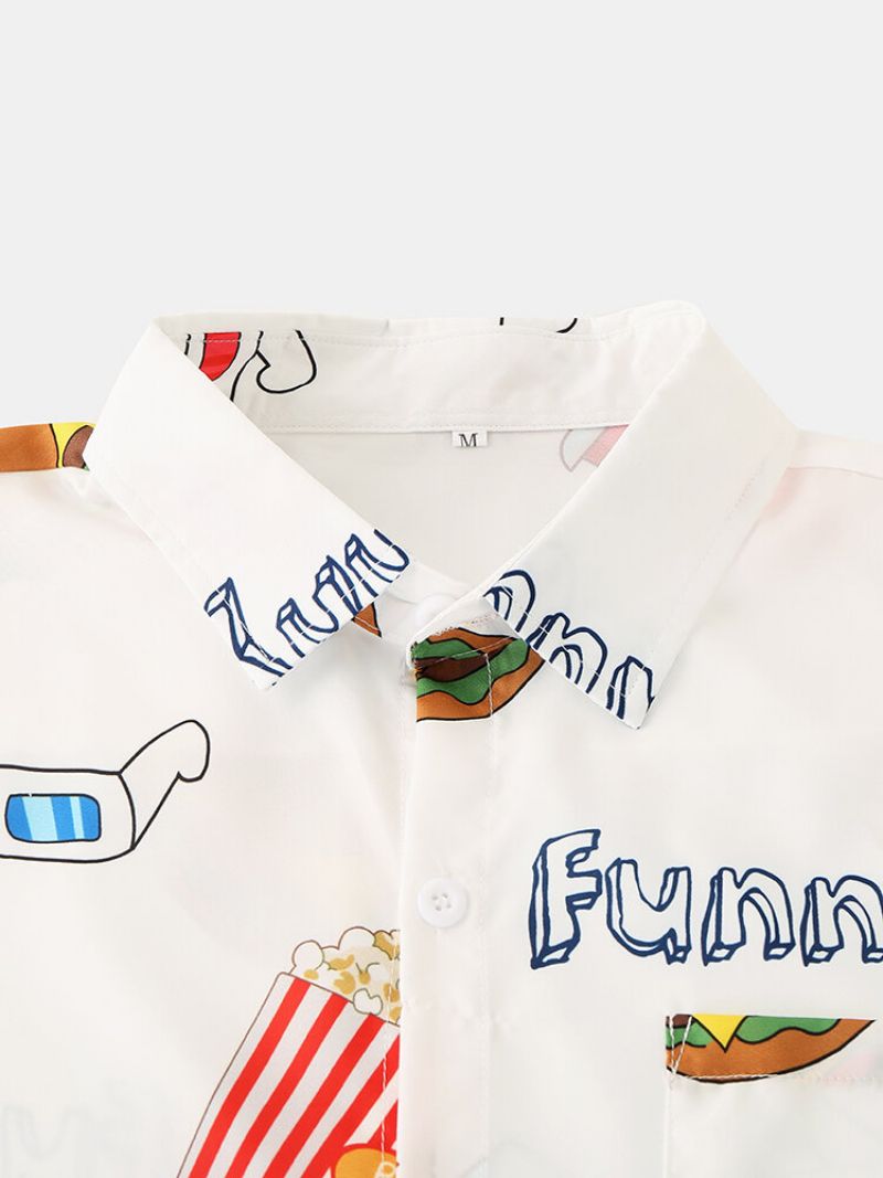 Menn Funny Print Hamburger Loungewear-sett To Deler Lapel Collar Kortermet Tynn Sommerpyjamas