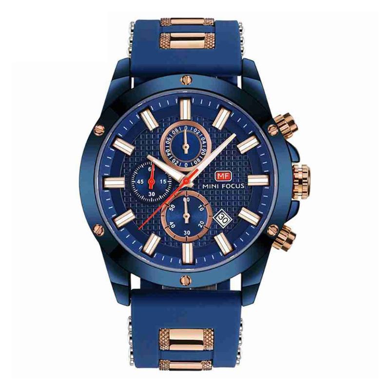 Mini Focus Mote Kvartsklokke Herre Chronograph 3 Sub-dials 6-henders Kalender Silikonstropp Vanntett 30 Meter Sport Armbåndsur