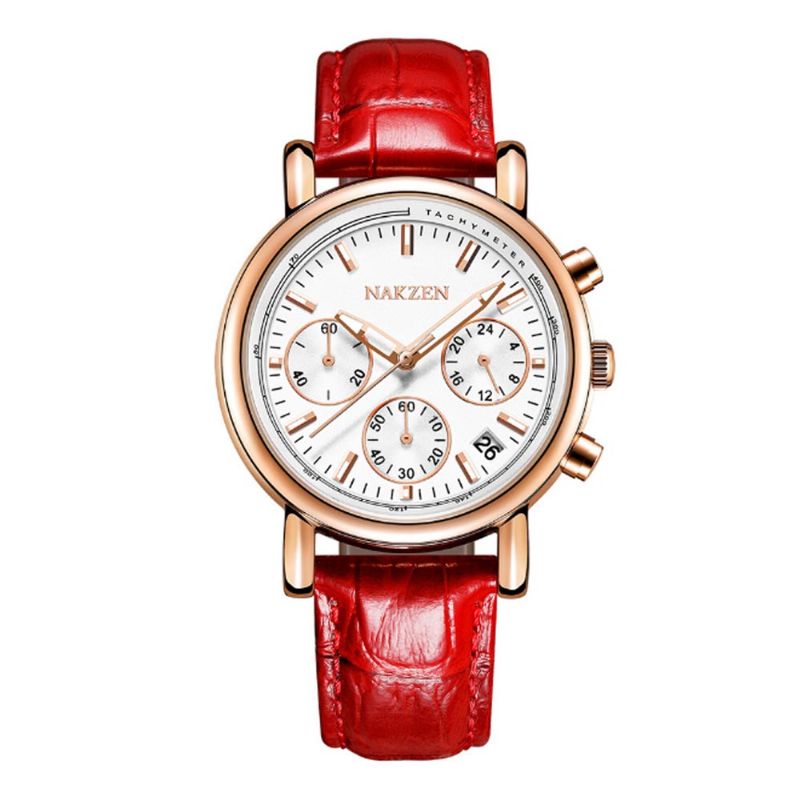 Mote Dameklokke Japansk Quartz Movement Armbåndsur Med Kalender Ekte Skinnklokkerem Kvartsklokke