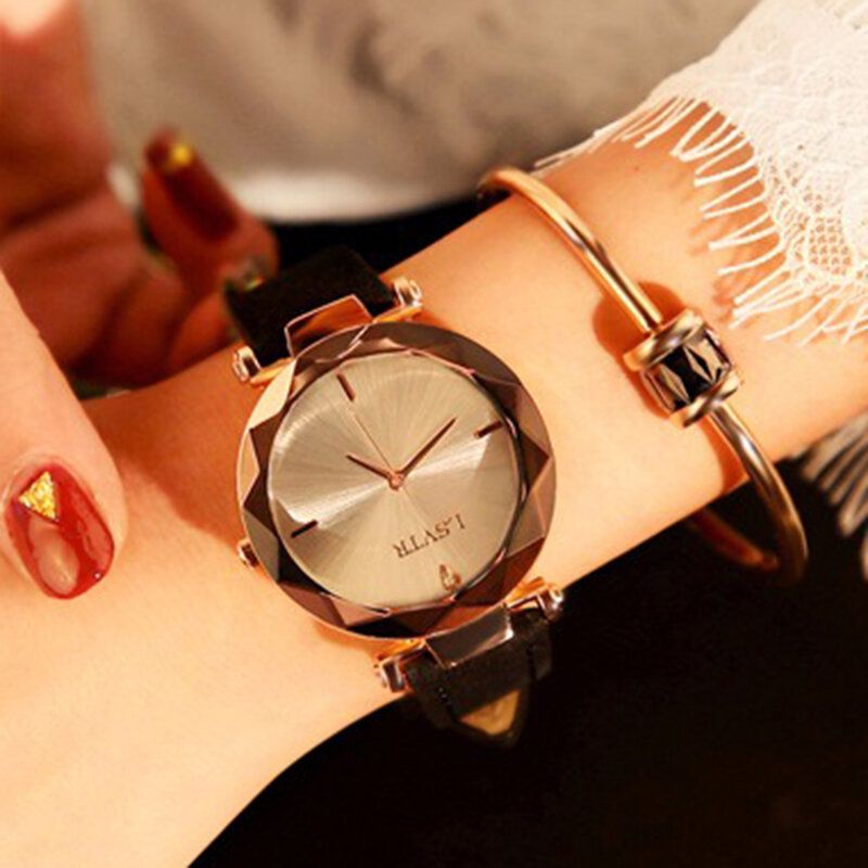 Mote Quartz Armbåndsur Tynt Rustfritt Stål Svart Hvit Round Dial Lærrem Watch For Women