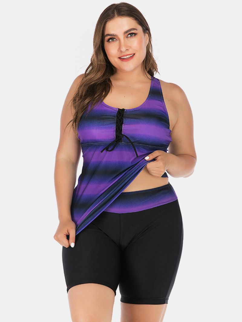 Plus Size Dame Tankini Front Bandasje Stripe Gradient Cover Belly Badetøy