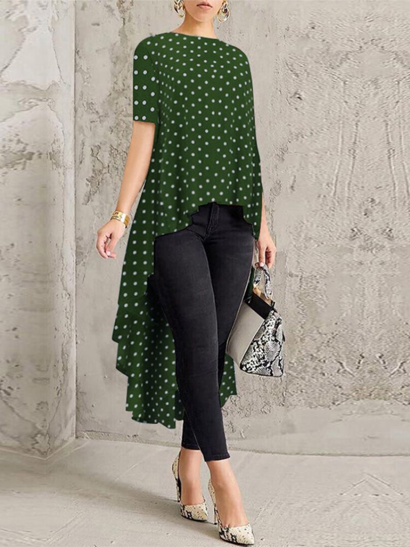 Polka Dot Print High Low Kortermet Plus Size Bluse