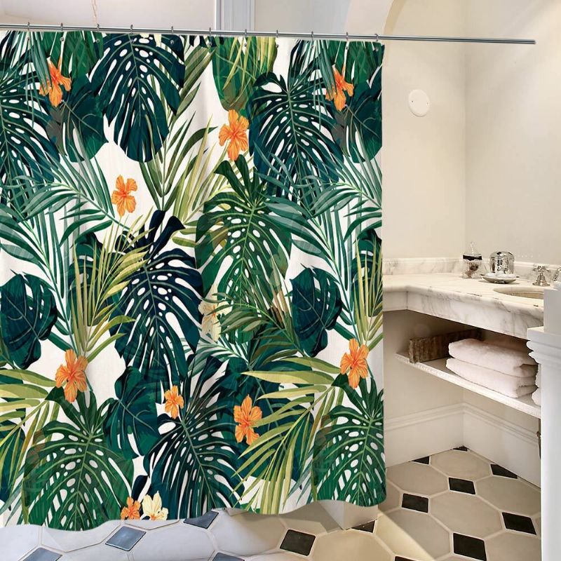 Retro Grønn Eucalyptus Akvarell Bladtrykk Botanisk Kant Botanikk Polyestertrykk 71x71 Tommer Vanntett Og Mugg Dusjforheng