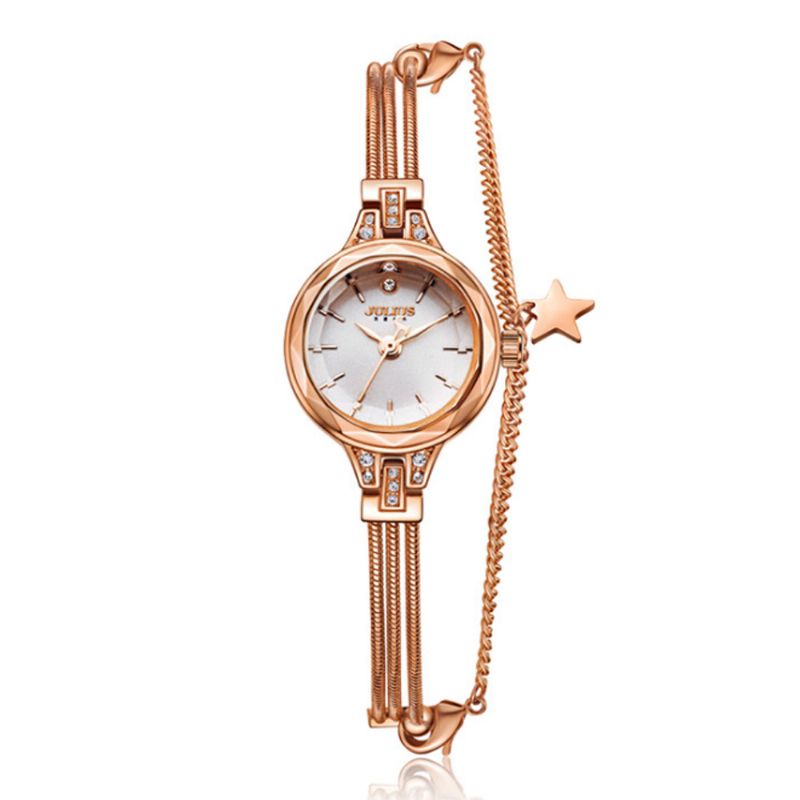 Stilig Delikat Liten Rund Skive Dame Kvarts Armbåndsur Med Rhinestone Star Model Anheng Dekorasjonsarmbånd