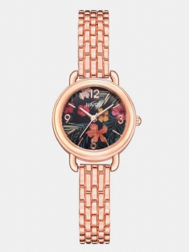 Trendy Trykt Blomsterkvartsklokke Fint Rustfritt Stål Dameklokke Kjede Armbånd Midjeklokke