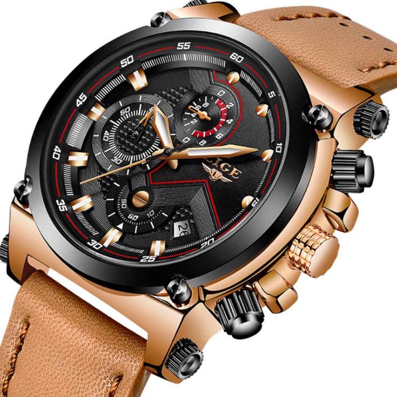 Vanntett Herreklokke Business Casual Sport Skinn Analog Quartz Watch Med Lysende Skjerm