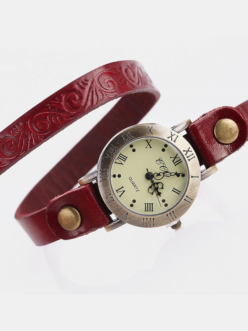 Vintage Kuskinn Nicked Kvinner Watch Romertall Lær Sirkel Armbåndsur