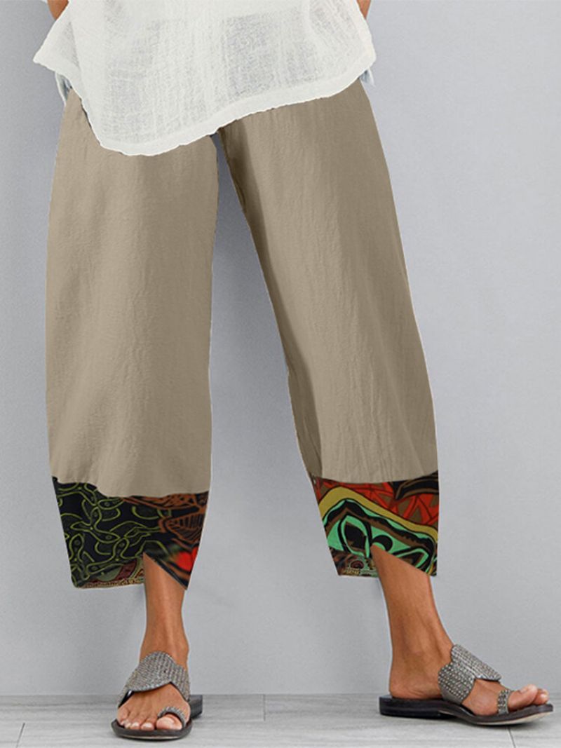 Vintage Print Patchwork Elastiske Midjelommer Plus Size Bukser