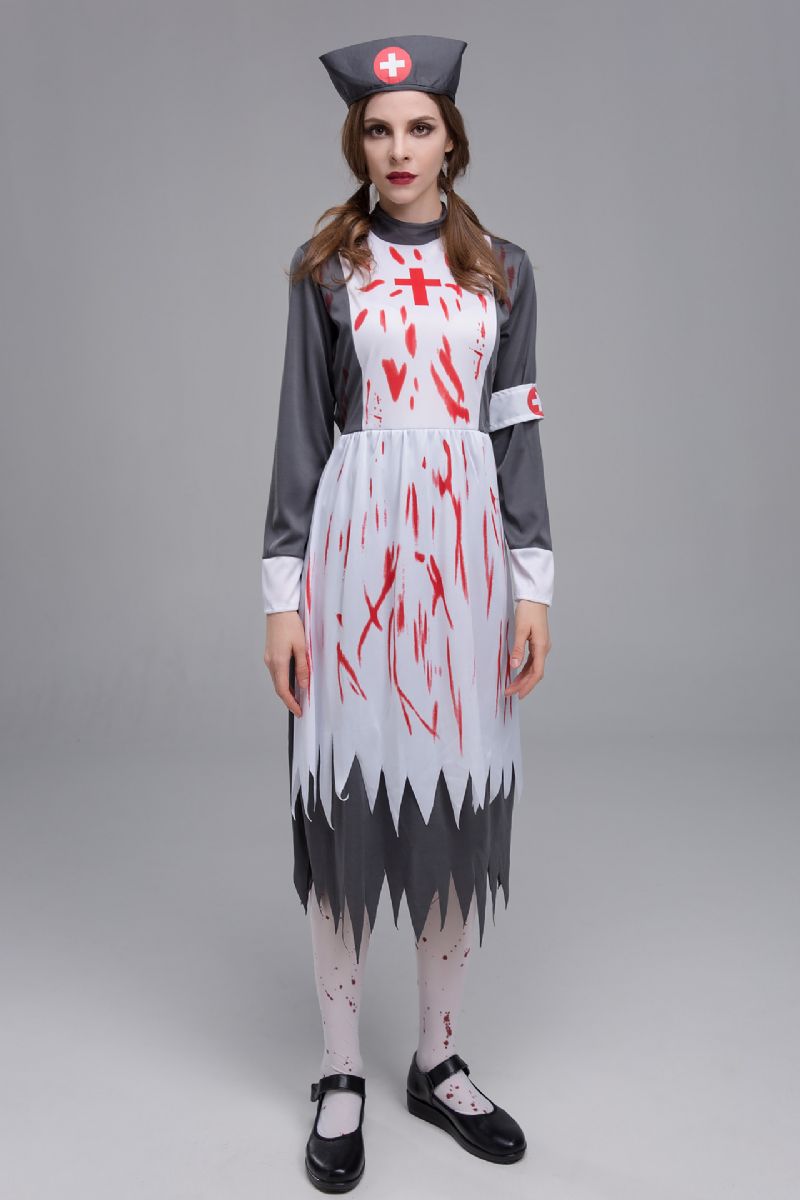 Ny Halloween Cosplay Kvinnelig Sykepleier Horror Zombie Kostyme Festtema Blodig Djevel
