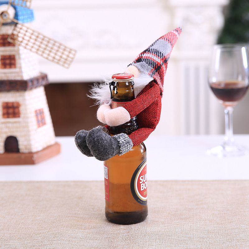Ny Julebordoppsett Eksklusivt Hvitt Skjegg Gammel Mann Med Spiss Hatt Rødvin Champagne Mini Forester Vinflaskesett