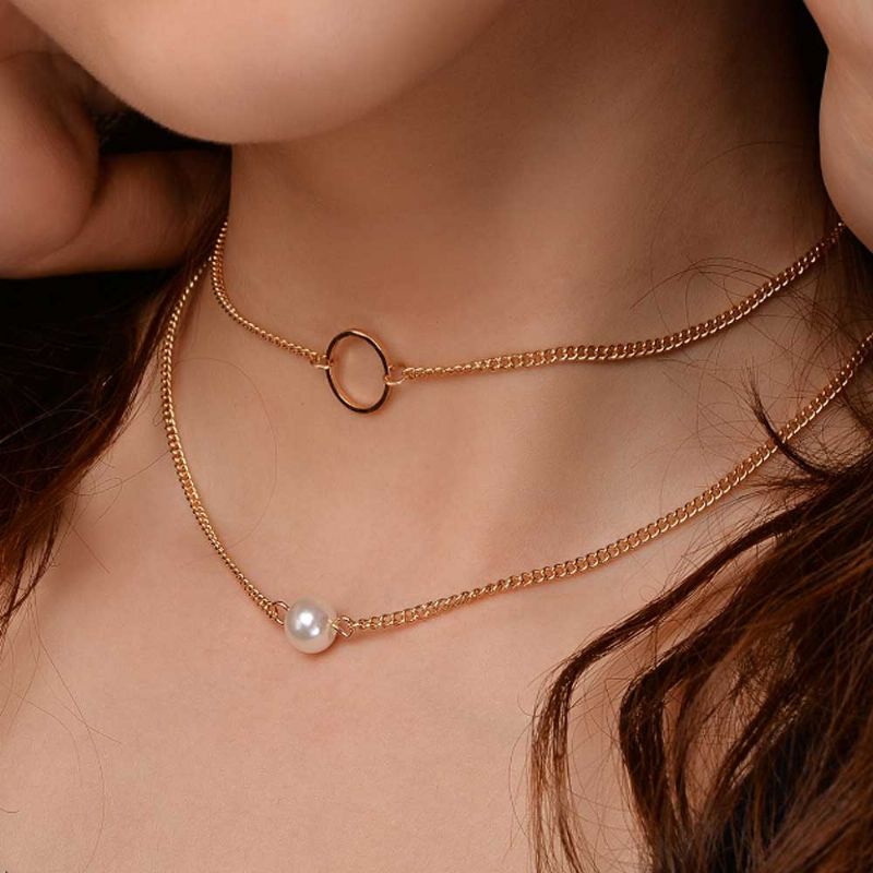 Lagdelt Choker Halskjede Perle Anheng Dobbel Anti-rusten Kjede Personlig Smykke Gave For Kvinner