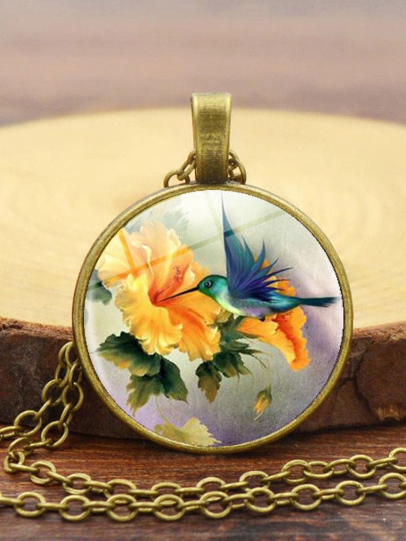 Legert Glass Hummingbird Blomstermønster Trykt Kjede Anheng For Kvinner
