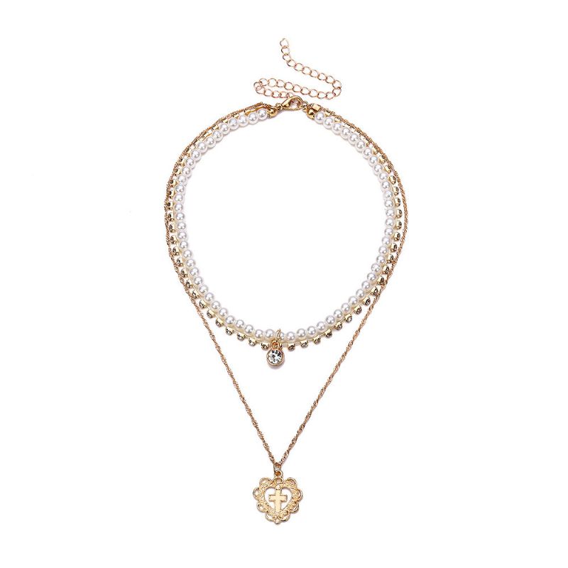 Pearl Choker Flerlags Halskjede Kjede Blinkende Syntetisk Diamant Perle Krageben Hjerteformet For Kvinne