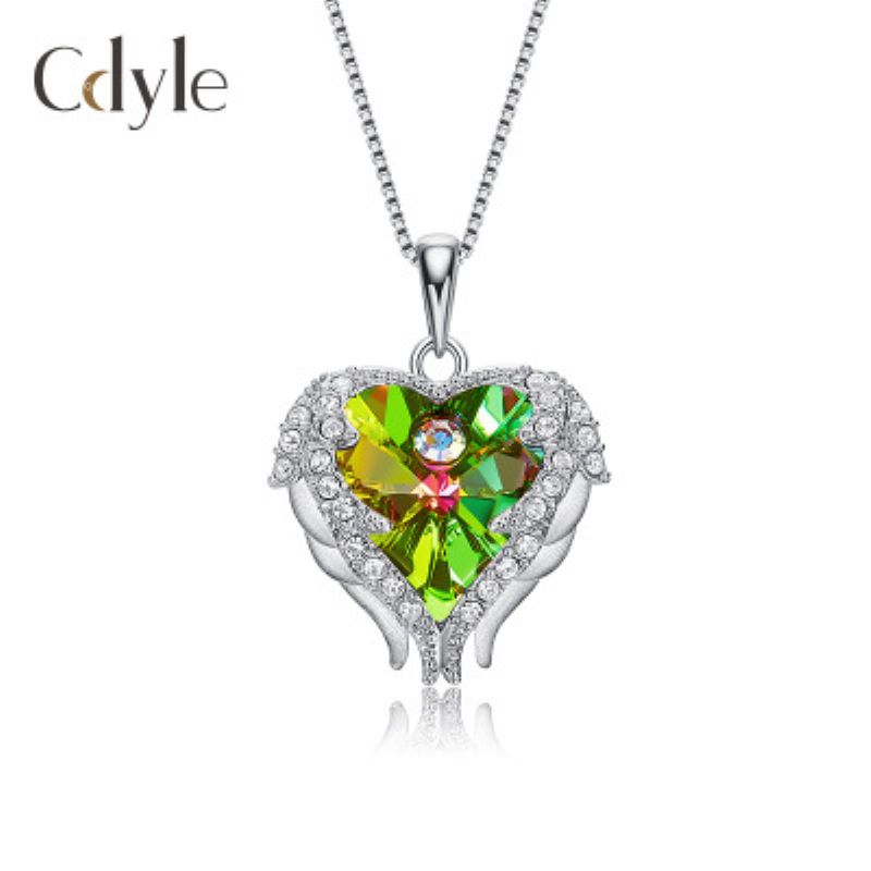 S925 Sterling Sølv Ocean Hjerte Kjede Med Diamant Englevinger Swarovski Krystall Anheng