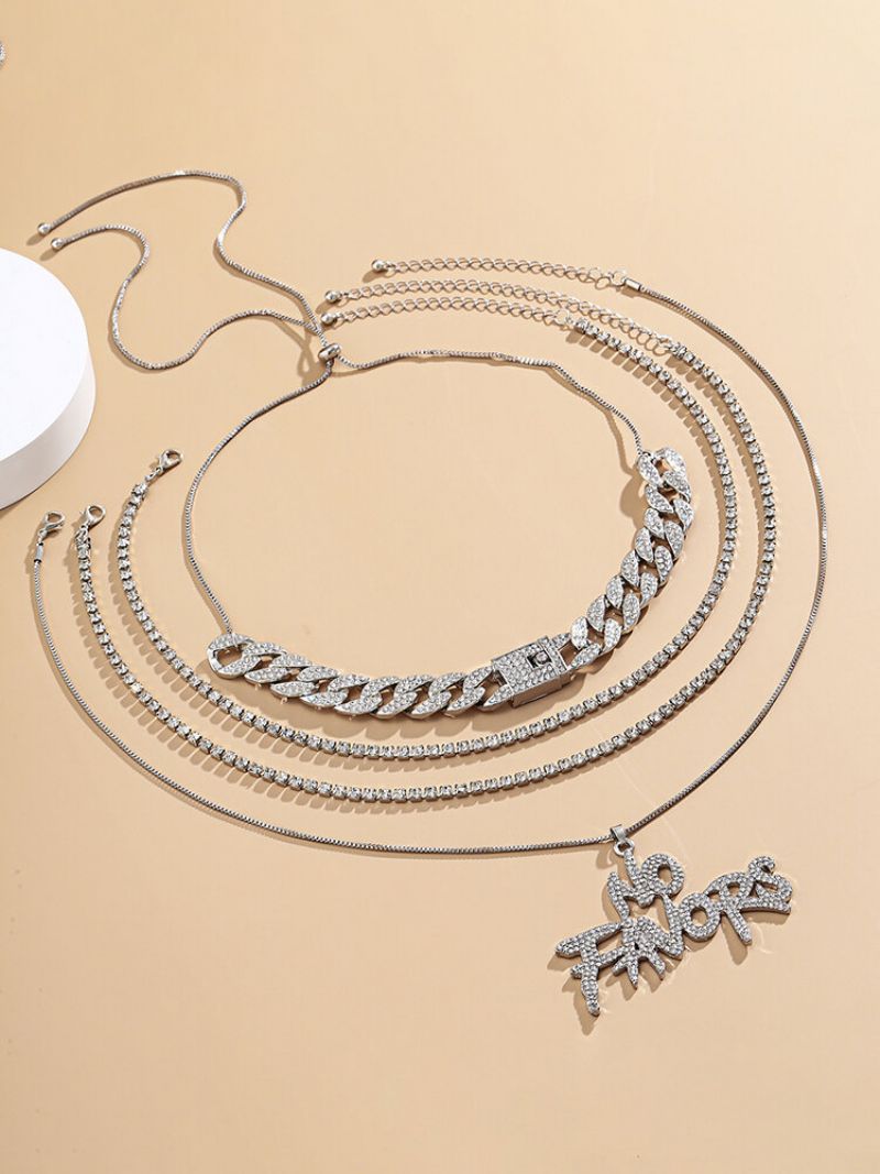 Trendy Cubanske Kjede Flerlags Halskjede Metall Rhinestone Brev