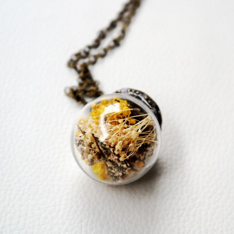 Vintage Daisy Gjennomsiktig Glass Ball Halskjede Håndlaget Tørket Blomst Anheng Langt