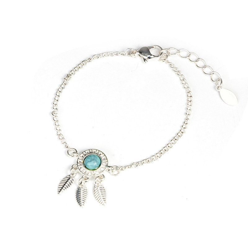 Bohemian Dreamcatcher Anheng Armbånd Turkis Flettet Tau Bokstav Sølv Sett