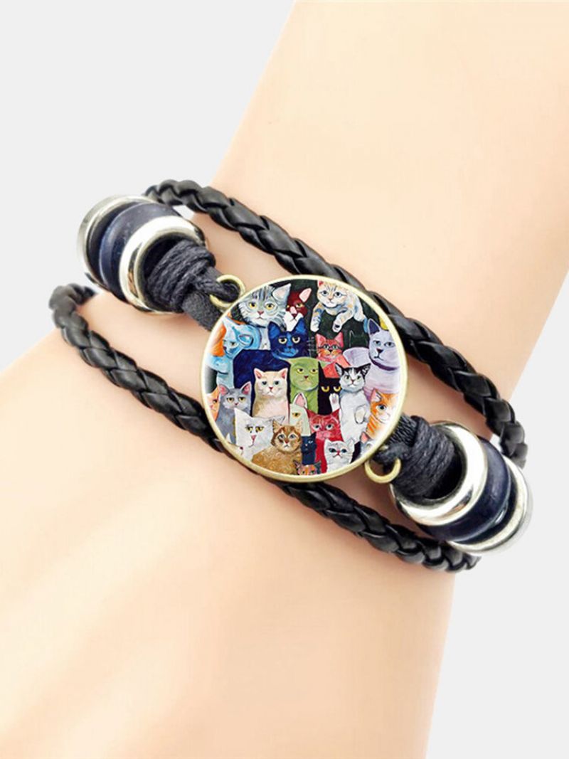 Vintage Runde Glasstrykk Flerfarget Cat Beckoning Håndvevd Armbånd