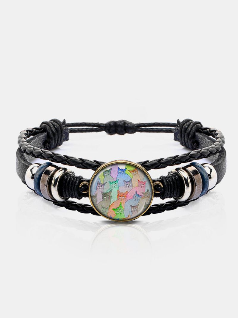 Vintage Rundt Glasstrykk Flerfarget Katt Som Ser Sidelengs Håndvevd Armbånd